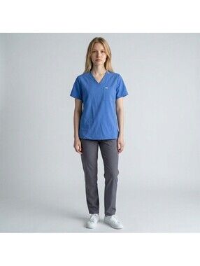 Fabletics Scrub Top Women S Small Blue V-Neck Short Sleeve Pockets Workwear